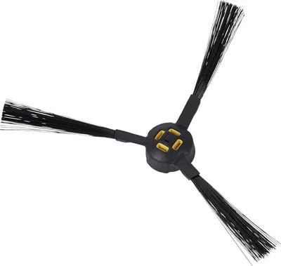A black robotic vacuum cleaner side brush with three arms, each ending in black bristles, attached to a central black hub with gold accents.