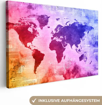 Produktbild von OneMillionCanvasses® - Leinwandbilder - 150x100 cm, Weltkarte - Aquarell - Regenbogen, Wandbilder Kunstdruck Wanddekoration