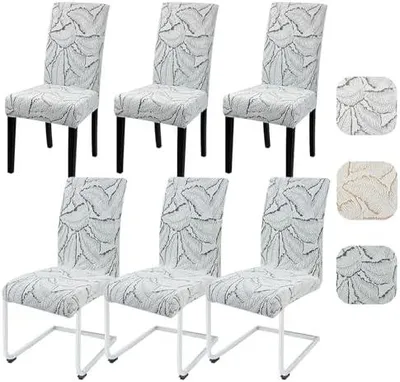 Produktbild von Alishomtll 6er Set Stretch Stuhlbezüge mit Blattmuster, elastisch abnehmbare waschbare Universal Hussen für Esszimmerstühle & Schwingstühle, Hotel, Grau, 6 Stück