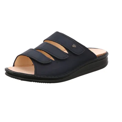 A single navy blue sandal is shown against a white background.