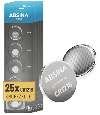Produktbild von ABSINA CR1216 Knopfzelle Lithium 3V - CR 1216 Batterie - 25er Pack CR 1216 Knopfzellen mit langer Haltbarkeit