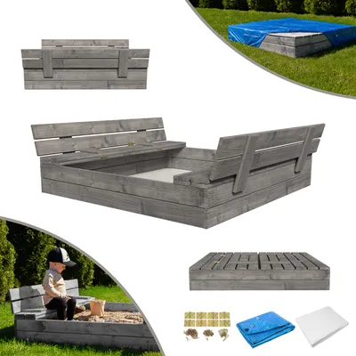 Produktbild von MAMOI Sandkasten mit Deckel 120x120 Sandbox Imprägniert Sandkiste mit Sitzbänken Holz Spielzeug Abdeckung Sitzbänken 150x150