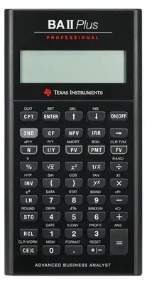 A Texas Instruments BA II Plus Professional calculator is shown from the front.