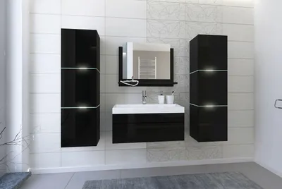 Produktbild von FURNITECH Lorent 2 60 Badezimmer Bademöbel Badeschränke Set mit Waschbecken (Schwarz, LED RGB (16 Farben))