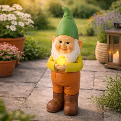 Produktbild von LED Solar Gartenzwerg mit Vogel - Gartenfigur - warmweiße LED - Lichtsensor - H: 28,5cm