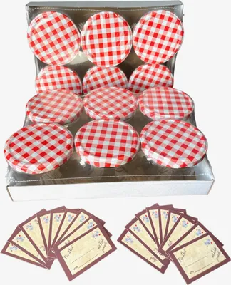 Produktbild von TRADIERO - 12 x Marmeladengläser 230ml – Einmachgläser, Einweckgläser Sturzgläser - Germany - Schraub-Deckel to 82 - Rot kariert mit 18 x Geschenketiketten „Für Dich – mit Liebe gemacht"