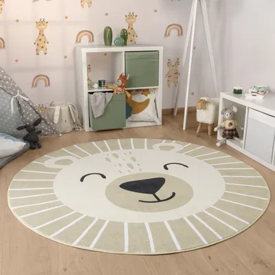 Produktbild von Kinderteppich Teppich Kinderzimmer Rund Waschbar Bis 30 Grad Löwenkopf Bärenkopf Grösse Ø 100 cm Rund