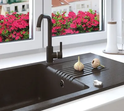 Produktbild von BADLAND Spülbecken Granitspüle Einzelbecken Celia 44x76 Schwarz mit langer Ablaufplatte | Siphon im SET!