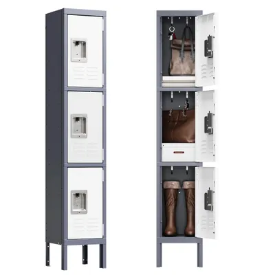 Produktbild von Yizosh Spind, Schließfachschrank, Metallschrank mit 3 Türen und Metallschloss, 30.5 x 30.5 x 167 cm, Belüftungsöffnungen, weiß-anthrazit