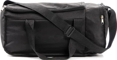 A black duffel bag with a shoulder strap is shown against a white background.