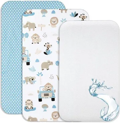 Image de Ensemble de literie pour bébé Unyqoos® composé de 3 pièces : 2 draps-housses 90 x 55 cm (100% coton) + un protège-matelas imperméable, doux et sûr