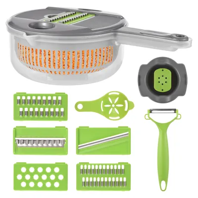 A collection of kitchen tools for chopping and preparing vegetables, including a mandoline slicer, graters, and a peeler, arranged on a white background.
