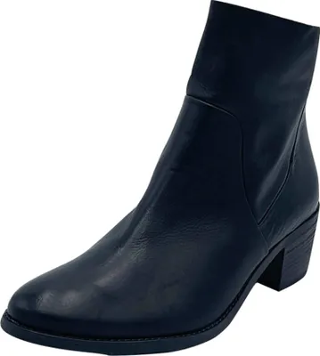 A black ankle boot is shown against a white background.