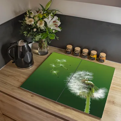 Produktbild von banjado Herdabdeckplatte zweiteilig je 30x52cm groß mit Gummi Abstandshalter, ESG Sicherheitsglas mit Motiv Pusteblume [HAP2 10074]
