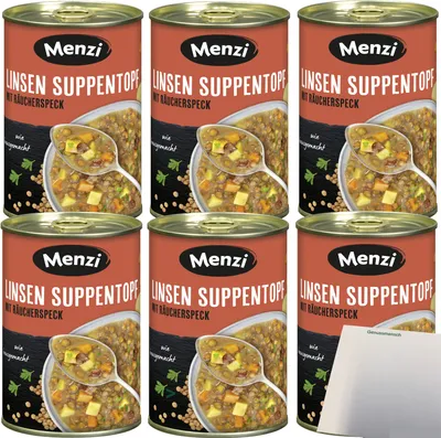 Produktbild von Menzi Linsen Suppentopf mit Räucherspeck 6er Pack (6x400ml Dose) + usy Block