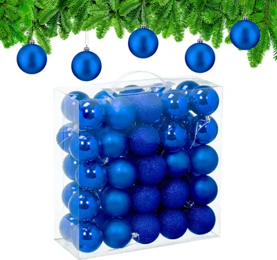 Productafbeelding van Relaxdays kerstballen, set van 50 stuks, kunststof, diameter: 6 cm, ronde kerstversiering voor de kerstboom, kerstboomversiering, breekvaste, blauw