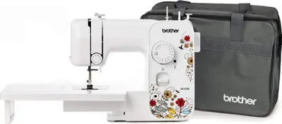 A white sewing machine with floral decorations and a gray carrying bag.
