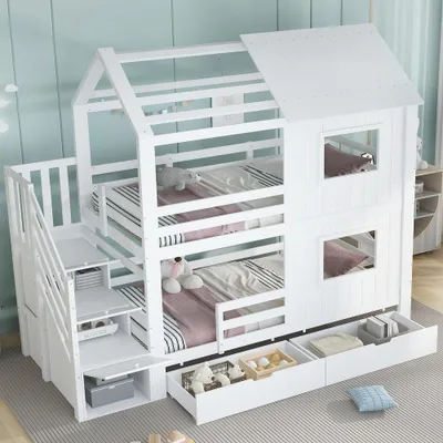 Immagine prodotto di Letto a castello 90x200 cm in pino, MDF e compensato, letto a castello bianco per bambini con scaletta-armadio, cassetto contenitore e tetto con finestre