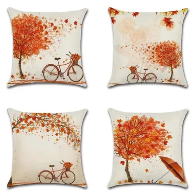 Productafbeelding van Set van 4 kussenhoezen, 45 x 45 cm, herfstthema, polyester, linnenlook, decoratieve kussens