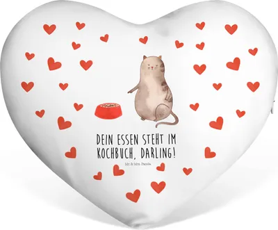 Produktbild von Mr. & Mrs. Panda Sofakissen Katze Fressen - Weiß - Geschenk, dekoartikel, Kissen Herz, Schmusekissen, Dekokissen, Kuschelkissen