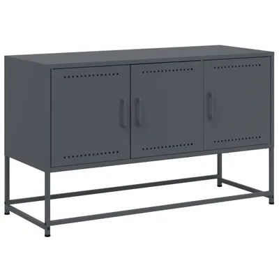 A dark gray metal TV stand with three doors and a metal frame base, shown against a white background.