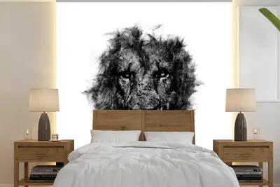 Produktbild von MuchoWow® Fototapete für Wohnzimmer oder Schlafzimmer Wandtapete Vinyl Motivtapete Löwe - Schwarz - Weiß - 240x240 cm - Schlafzimmer-Tapete