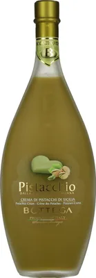 A bottle of Bottega Pistacchio liqueur against a white background.