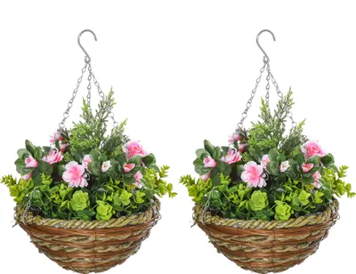 Produktbild von Outsunny Set aus 2 künstlichen Lisianthus-Hängepflanzen für drinnen und draußen mit Weidentopf und Ketten Ø25x34 cm, Rosa und Grün