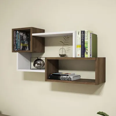 Produktbild von Skye Decor, Moderne Wandregal in Weiß und Walnuss, 90,6 x 51 x 20 cm | 100% melaminbeschichtete Spanplatte, 18 mm dick | Ideal für stilvolle Wohnräume und Büros.