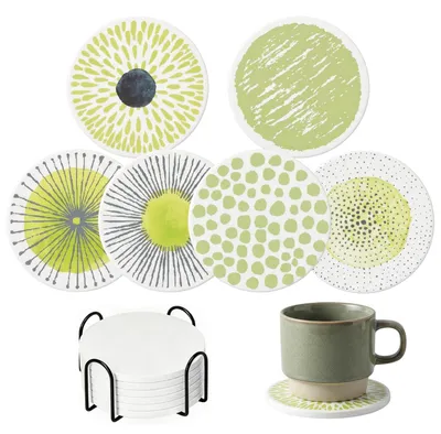 6er-Set Keramik-Untersetzer mit Halter, rund, saugfähig, grün