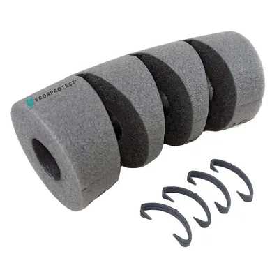 A product shot of pipe insulation with clips on a white background.