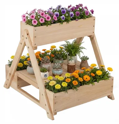 Immagine prodotto di KOMFOTTEU, aiuola rialzata con 3 vasi separati, fioriera in legno di abete, aiuola per erbe aromatiche con ripiano aperto, aiuola per ortaggi con 3 fori di drenaggio, ideale per giardino, balcone e terrazzo, dimensioni 66 x 58 x 60 cm
