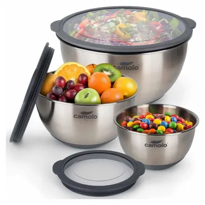 Produktbild von Camolo Profi Edelstahl Schüssel Set mit Deckel zum Backen, Servieren, Kochen oder Aufbewahren - luftdicht verschließbar