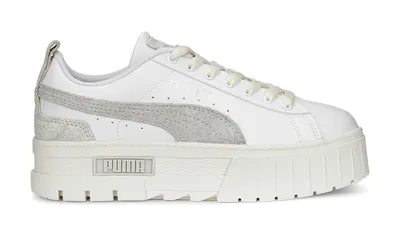 A white Puma Mayze Thrifted Platform sneaker is shown against a white background.
