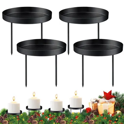 Obrázek produktu pro 4x Držák na svíčky do adventního věnce, kov, černá barva, 8 cm, kulatý, pro svíčky typu "stumpen", dekorace na stůl