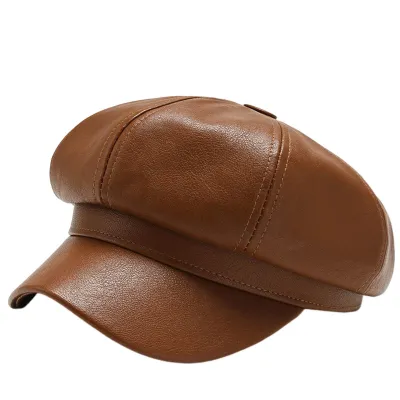 Produktbild von Baskenmütze für Damen, Frühling und Sommer, Retro, einfarbig, Kunstleder, kurze Krempe, dekorativ, Sonnenschutz, UV-Schutz, atmungsaktiv, Malerhut, Uni, achteckige Kappe, Kaffee