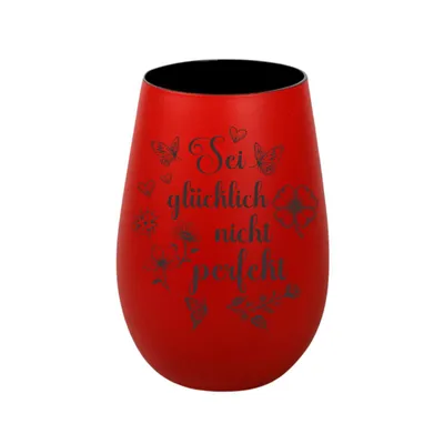 Produktbild von Stölzle Lausitz Windlicht rot schwarz aus Glas mit Lasergravur „Sei glücklich nicht perfekt“, persönliches Geschenk für Freunde, Familie und Partner