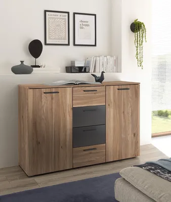 Image de Sideboard >Aschau< 2 Türen, 4 Schübe, Mauvella Eiche Dekor/ Graphit - 140x89x38cm (BxHxT)