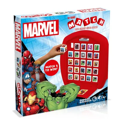 A box for the Marvel Top Trumps Match game, showing the game board and some Marvel characters.