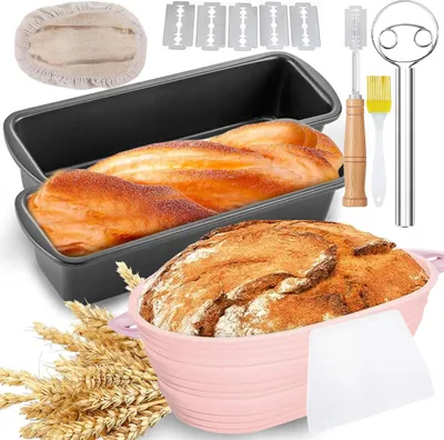 Image de Moule à cake rectangulaire de 29x13x6 cm, 2 pièces, panier de fermentation ovale, 1 pièce, accessoires pour la boulangerie, moule à gâteau, moule à pain rectangulaire avec revêtement antiadhésif, pinceau en silicone, couteau en silicone et racloir à pâte