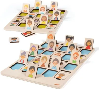 Two wooden board games with character cards are shown on a white background.