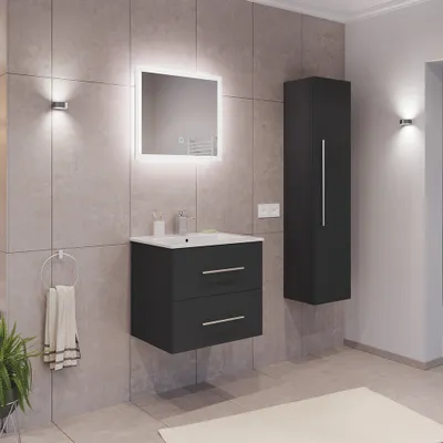 Produktbild von Badmöbel Set 3-teilig, Waschtisch 60cm breit mit Waschbecken und LED Spiegel, in grau - HARLINGEN-02