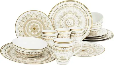 Image de , 23596, Série MANDALA GOLD - Blanc, ensemble de vaisselle de 16 pièces, service combiné en grès, adapté au lave-vaisselle et au micro-ondes, fabrication de qualité