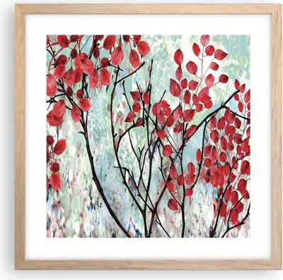 Produktbild von Gerahmtes Poster - Rahmen in heller Eiche - Rot Blätter Zweige - 40x40 cm - Wand Bild - Wanddeko - Wandbilder - Kunstposter - Wandposter - Bilderrahmen - Bilder - Kunstdruck - P2NAC40x40-4508