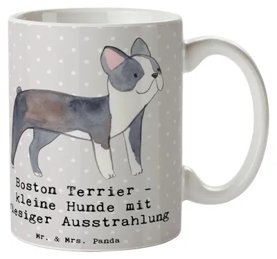 Produktbild von Mr. & Mrs. Panda Kaffeebecher Boston Terrier - Grau Pastell - Geschenk, hypoallergener Hund, Leidenschaft, Hunderassen Pflege, Teetasse, Tasse, keramik, Hunderasse