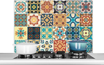 Obrázek produktu pro KitchenYeah® Splashback kitchen - Kuchyňský splashback - Ochrana stěny sporáku a dřezu - Květiny - Vintage - Vzor - Modrá - Oranžová 100x65 - Alu-Dibond (alternativa skleněného splashbacku) - Tepelně odolný
