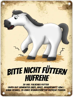 Produktbild von Metallschild mit weißes Pferd Motiv und Spruch: Bitte nicht füttern - Hufrehe