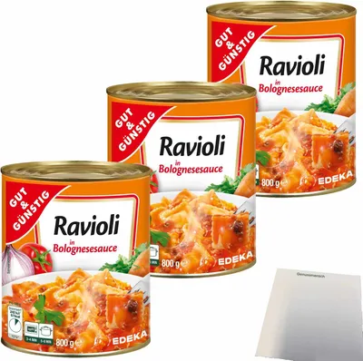 Produktbild von Gut & Günstig Ravioli in Bolognesesauce gefüllte Teigtaschen mit fleischhaltiger Füllung 3er Pack 3x(800g Dose) + usy Block