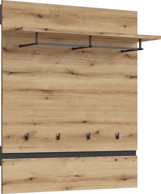 Produktbild von Garderobenpaneel CORTE, Eiche Holznachbildung/Kosmos Grau, mit Hutablage, Kleiderstange und 4 Haken