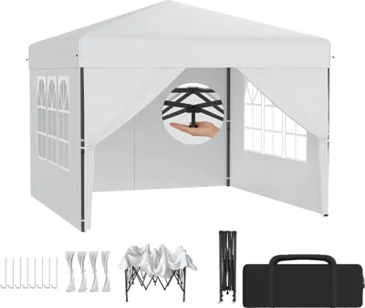Produktbild von LZQ Pop-Up Pavillon 2,5x2,5 m Faltpavillon für Garten & Terrasse, Wasserdicht, UV-Schutz, Ein-Knopf-Schnellaufbau, 3-fach höhenverstellbar, Weiß (mit Seitenwände)